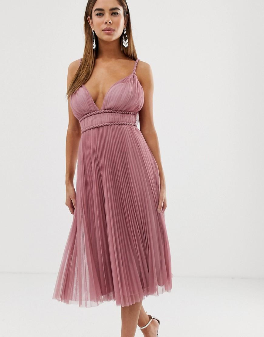 Lyst - ASOS Belted Pleated Tulle Cami Midi Dress in Pink