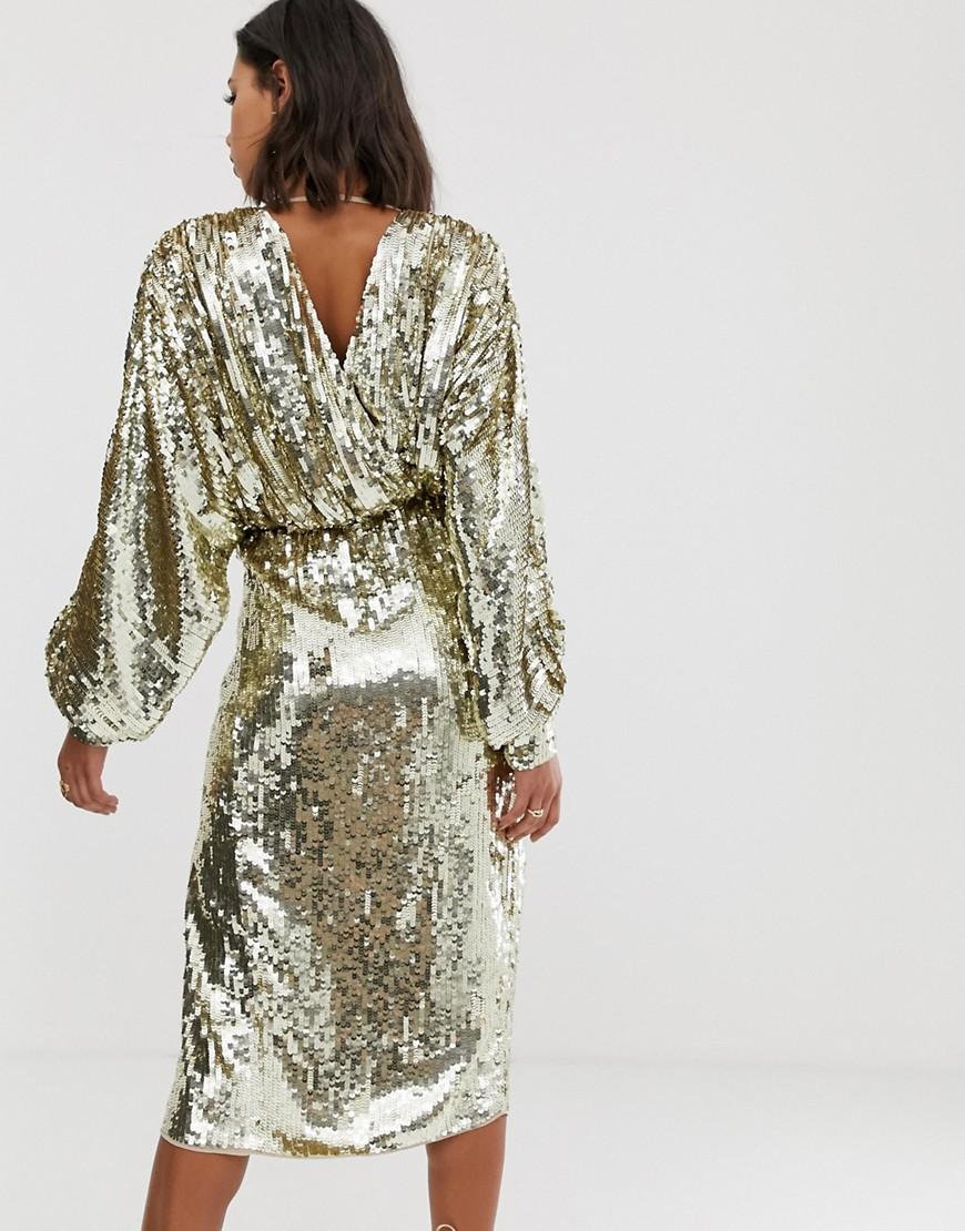 ASOS Batwing Midi Dress In Sequin in Brown - Lyst