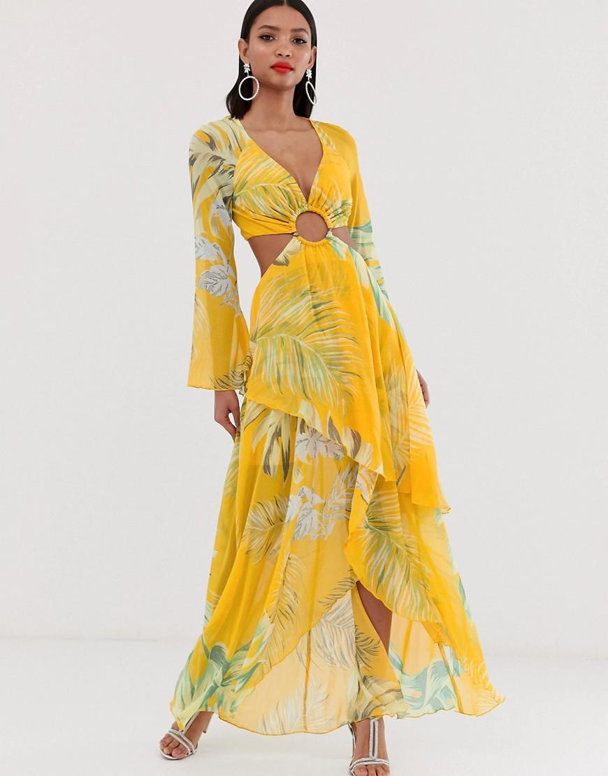 ASOS Maxi Dress With Long Sleeve And Circle Trim Detail In Tropical ...