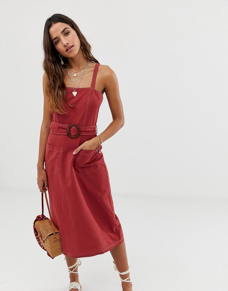 Lyst - Asos Square Neck Linen Midi Sundress With Wooden Buckle