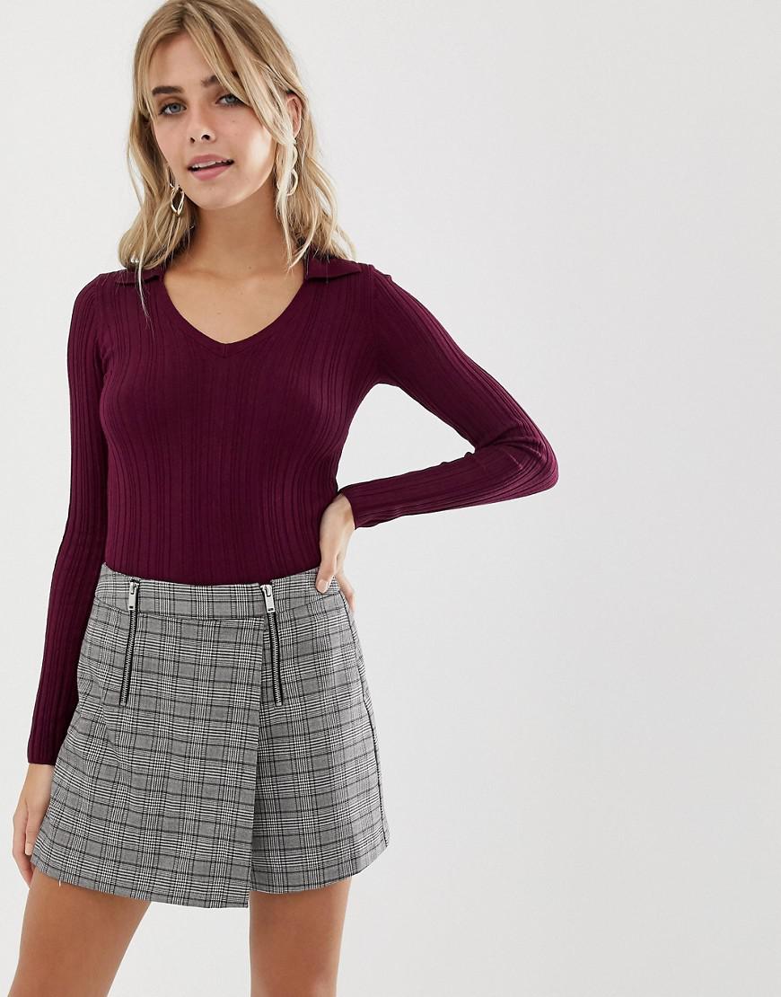 Lyst - Miss Selfridge V-neck Ribbed Polo Top In Burgundy in Red