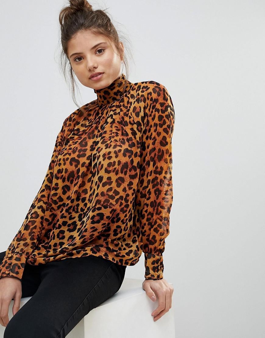 ASOS Chiffon Asos Fuller Bust Animal Print High Neck Blouse in Brown - Lyst