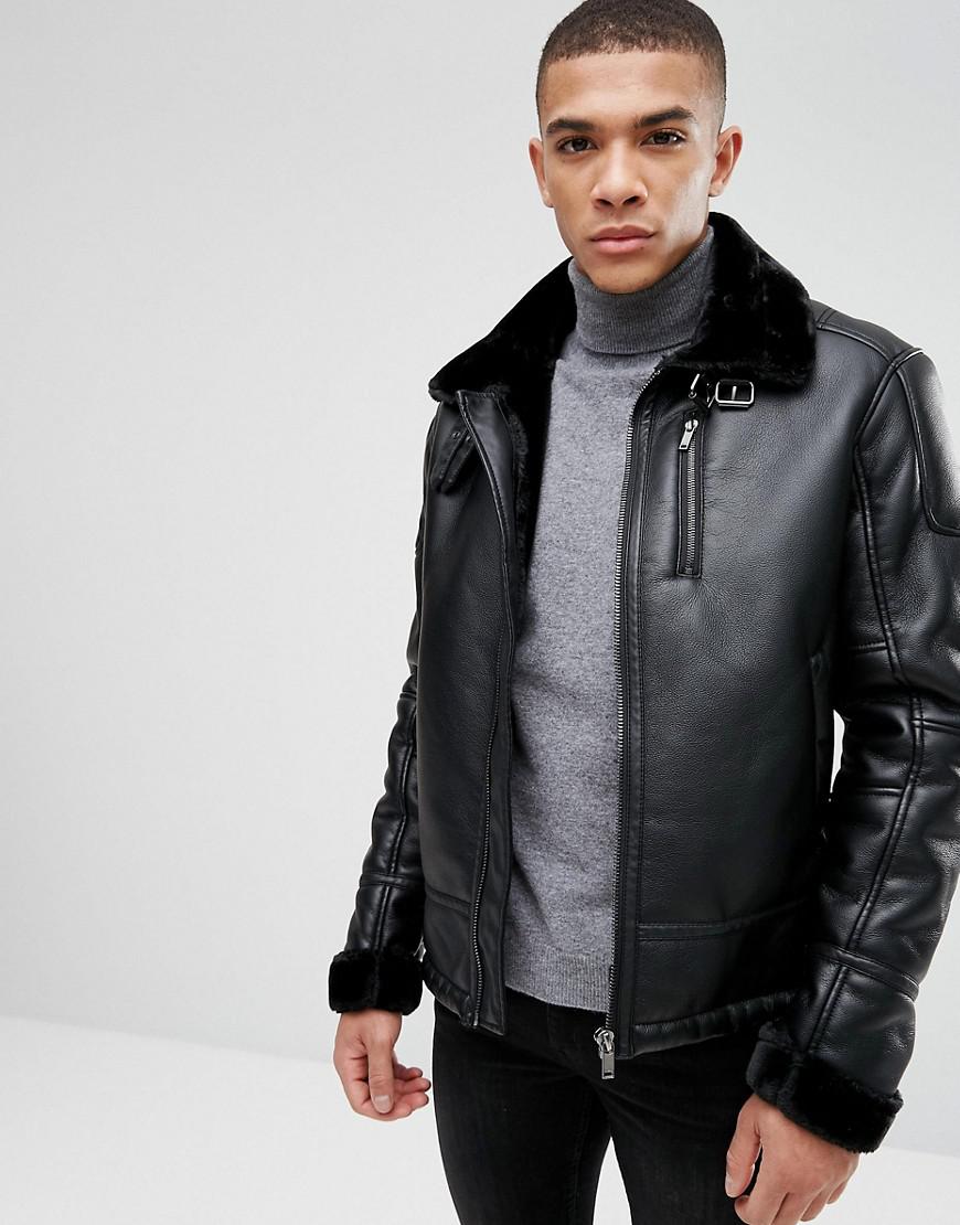 Stradivarius Faux Fur Lined Aviator Jacket In Black For Men Stradivarius Men S Faux Fur Lined Aviator Jacket In Black