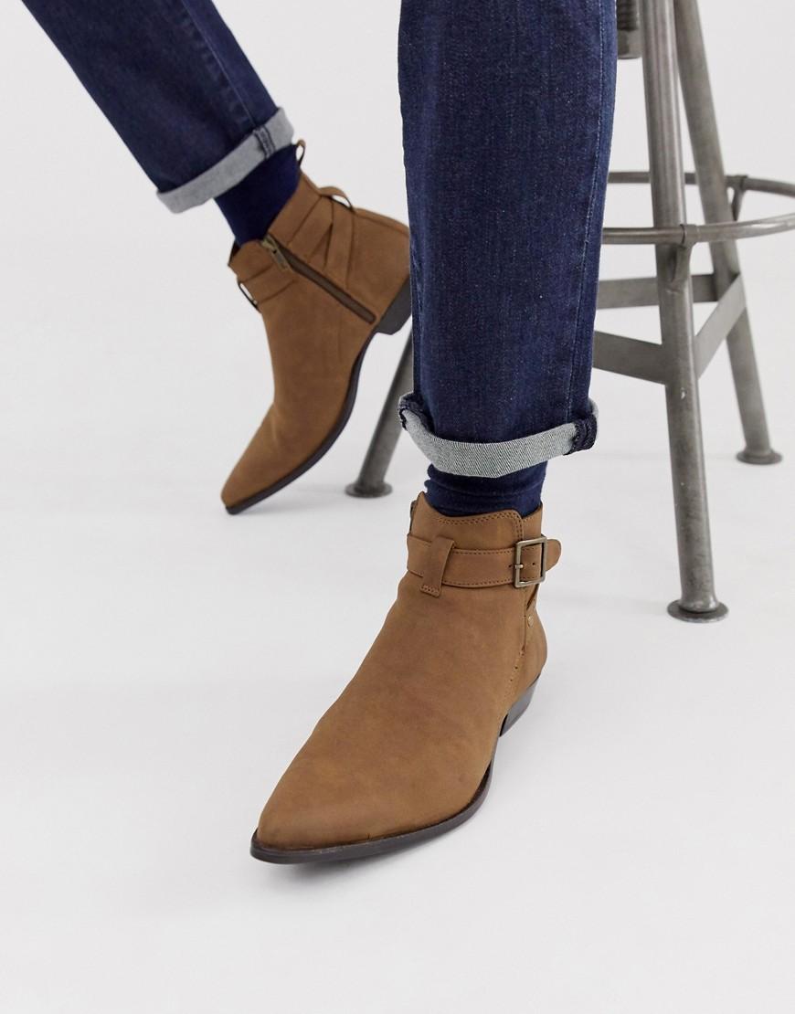 Lyst - ASOS Stacked Heel Western Chelsea Boots In Tan Faux Suede With ...