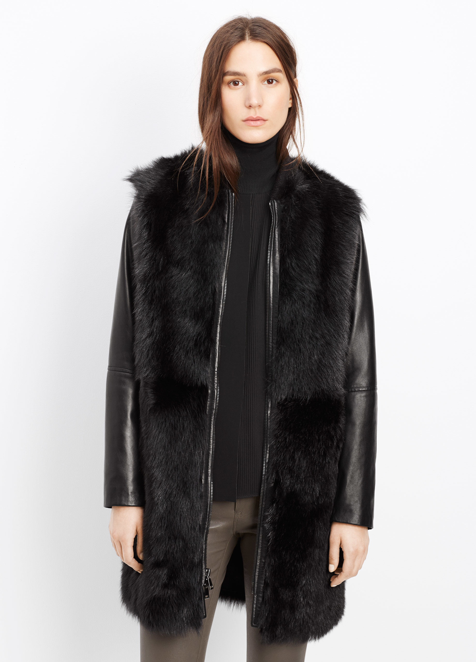 Vince Shearling and Leather Coat in Black | Lyst