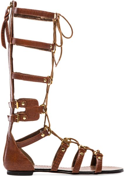 ... Athena Lace Up Embossed Leather Gladiator Sandal in Brown (Cognac
