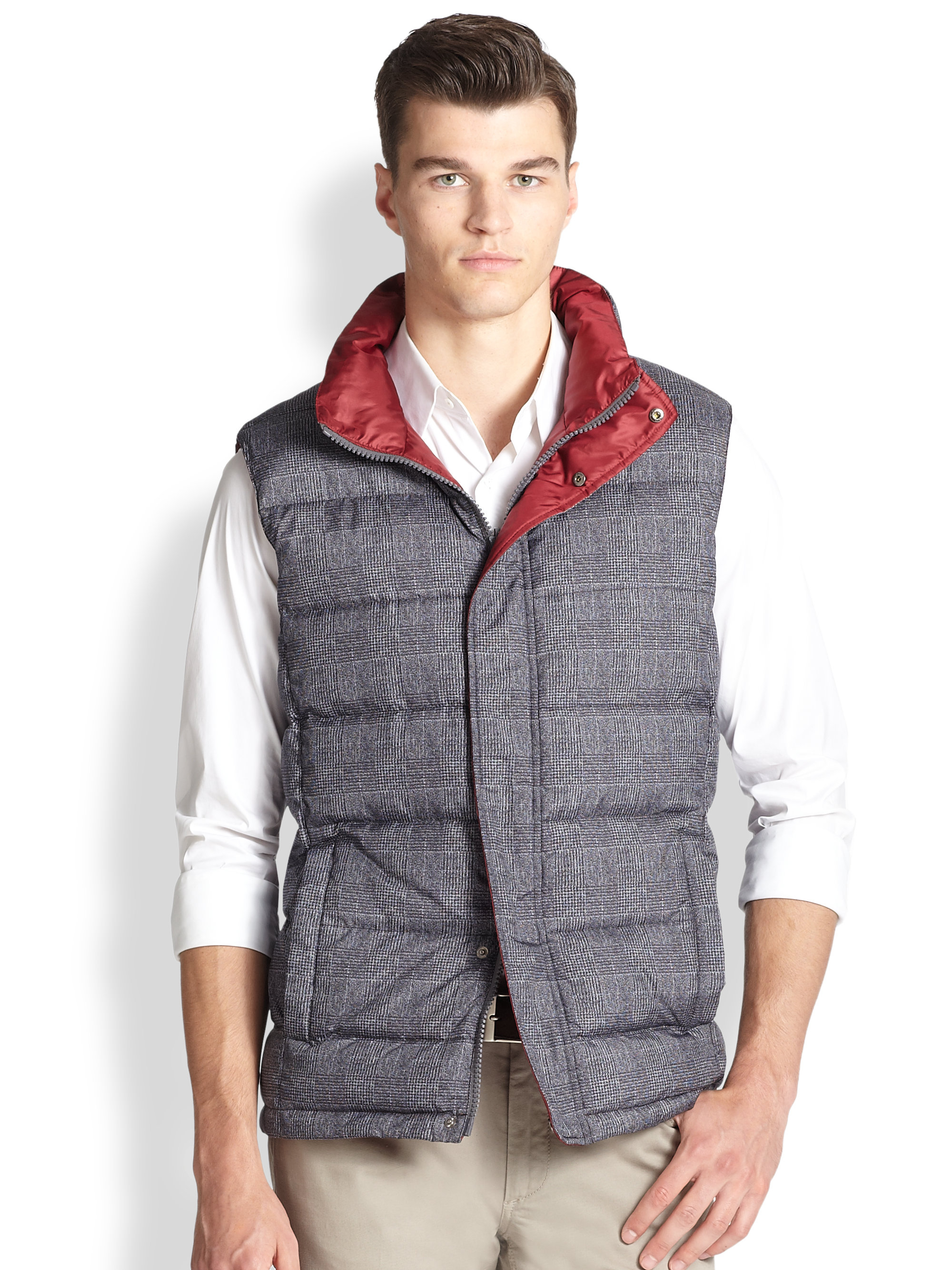 Saks fifth avenue Reversible Plaid Puffer Vest in Red for Men | Lyst