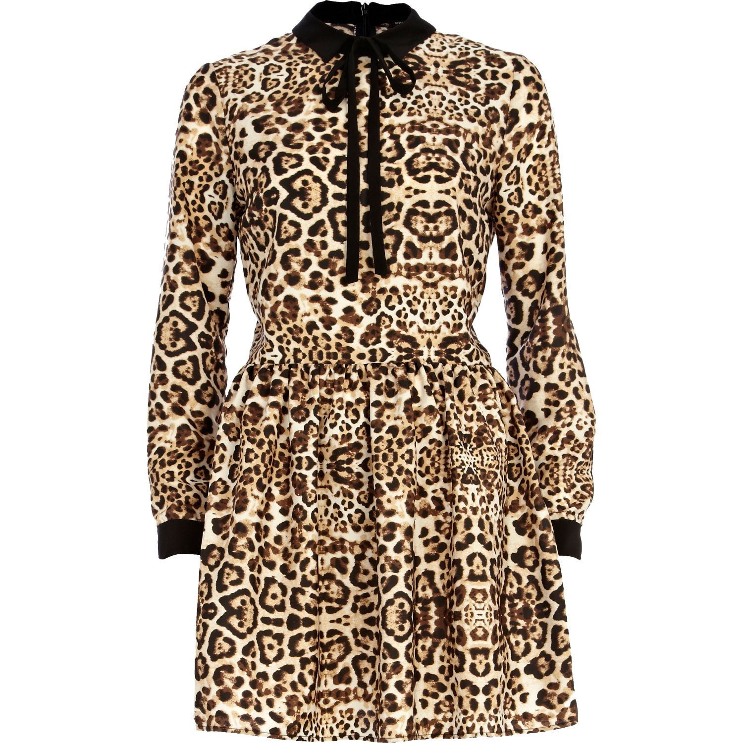River Island Brown Leopard Print Pussy Bow Dress in Animal (brown) | Lyst