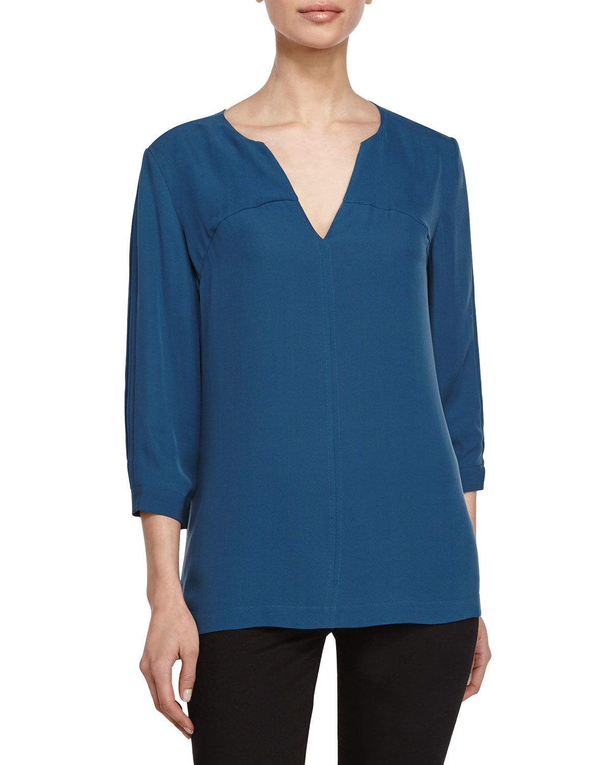 Lyst - Halston Pleated Elbow-Sleeve Blouse in Blue