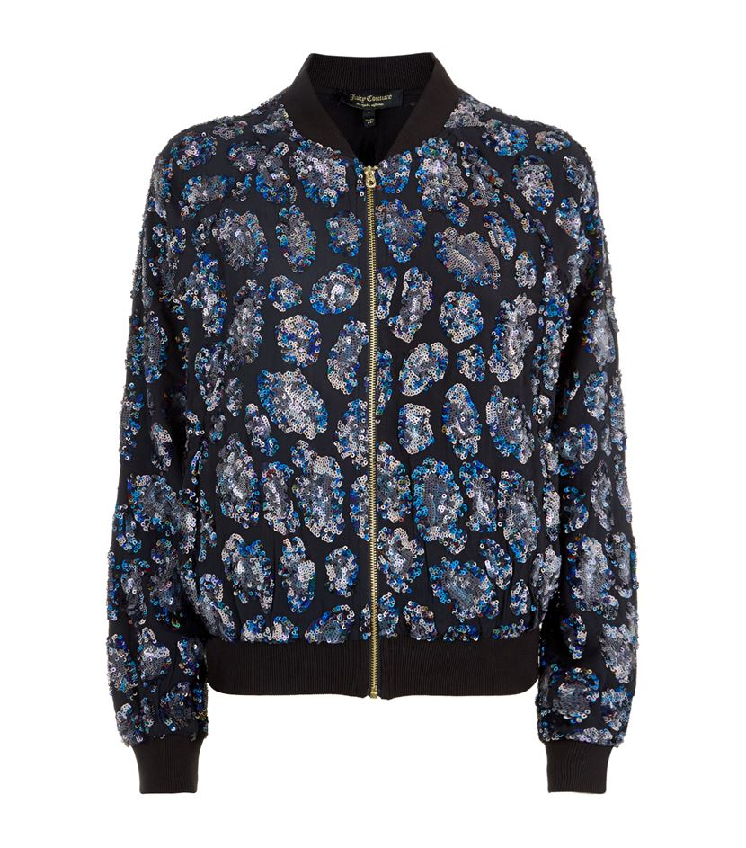 Juicy couture Leopard Sequin Bomber Jacket in Blue | Lyst