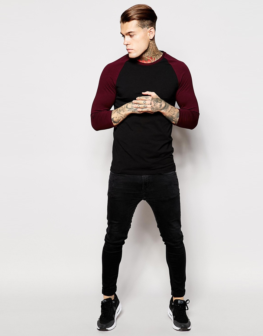 Lyst Asos Extreme Muscle Fit 34 Sleeve T Shirt With Contrast Raglan Sleeves In Red For Men 9490