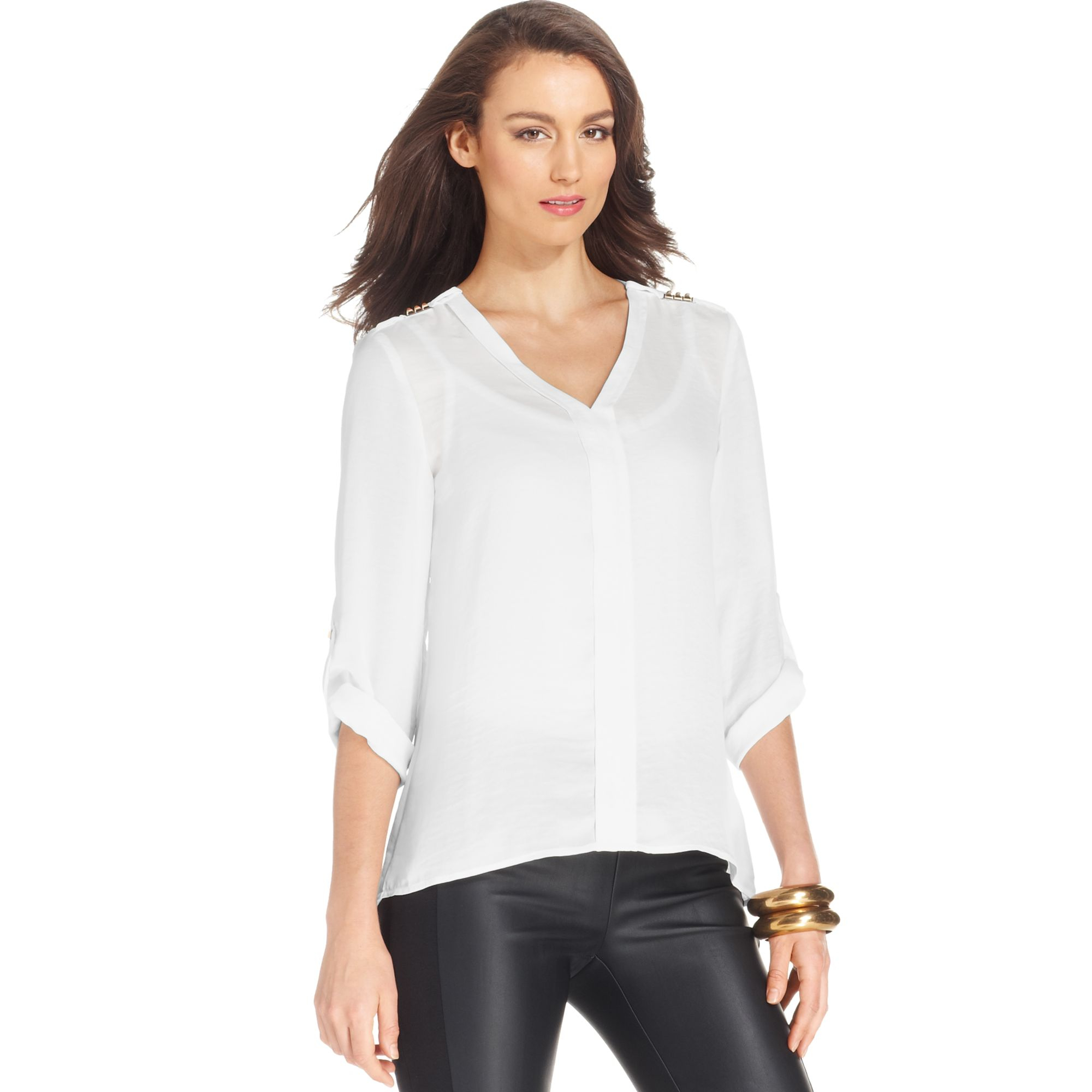 Lyst - Ellen Tracy Three Quarter Sleeve Sheer Studded Blouse in White