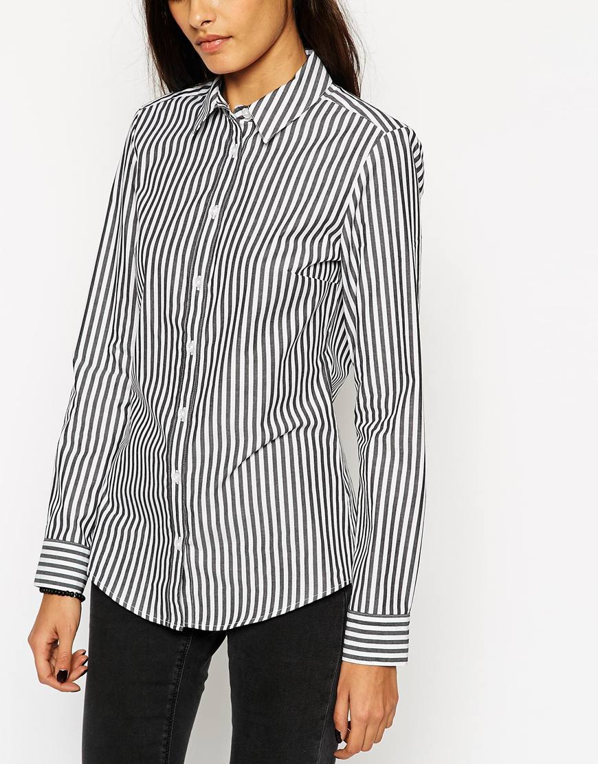Lyst - Asos Long Sleeve Black And White Stripe Fitted Shirt in Black