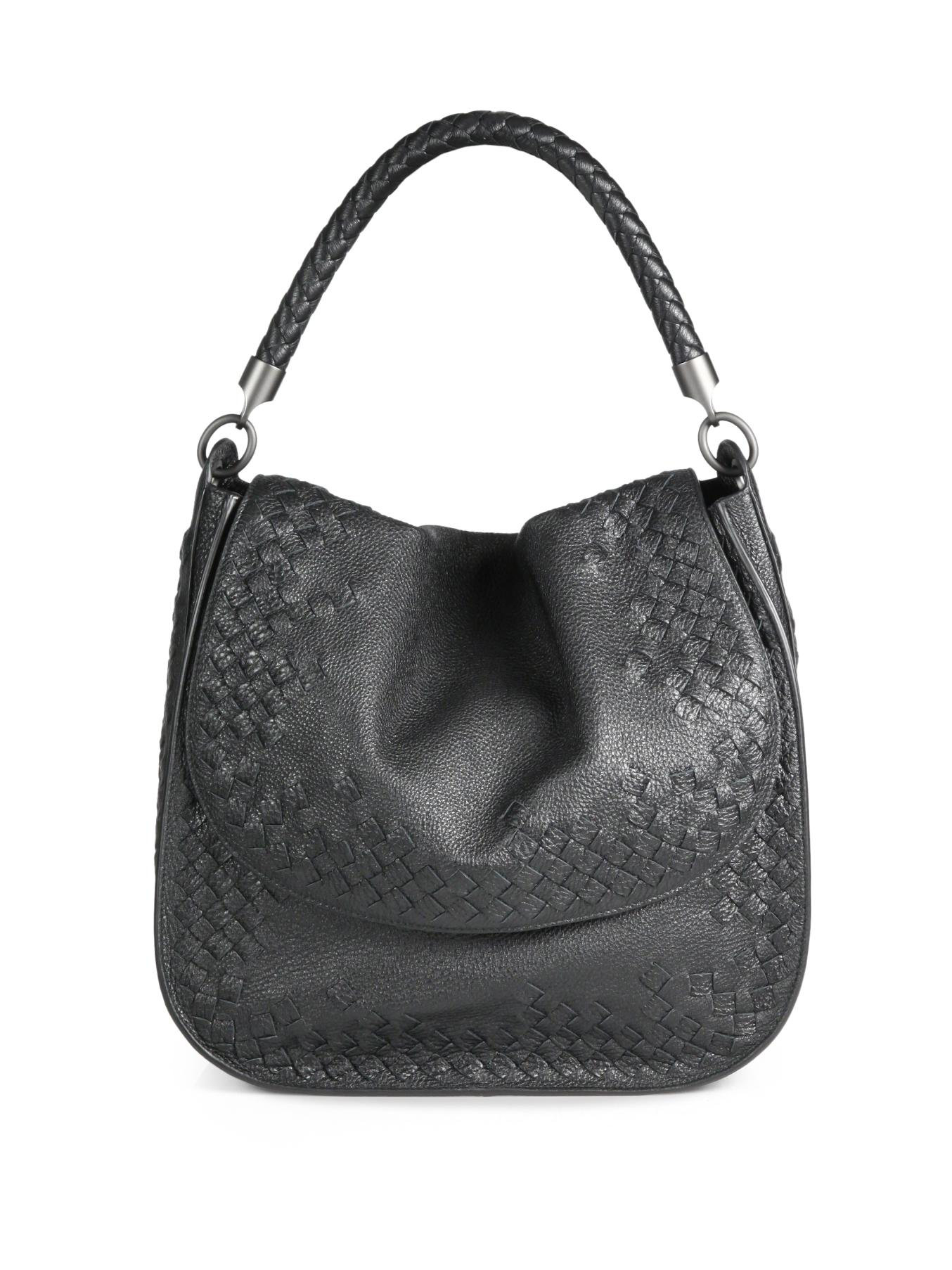 Bottega Veneta Medium Woven Leather Flap Top Shoulder Bag in Black - Lyst