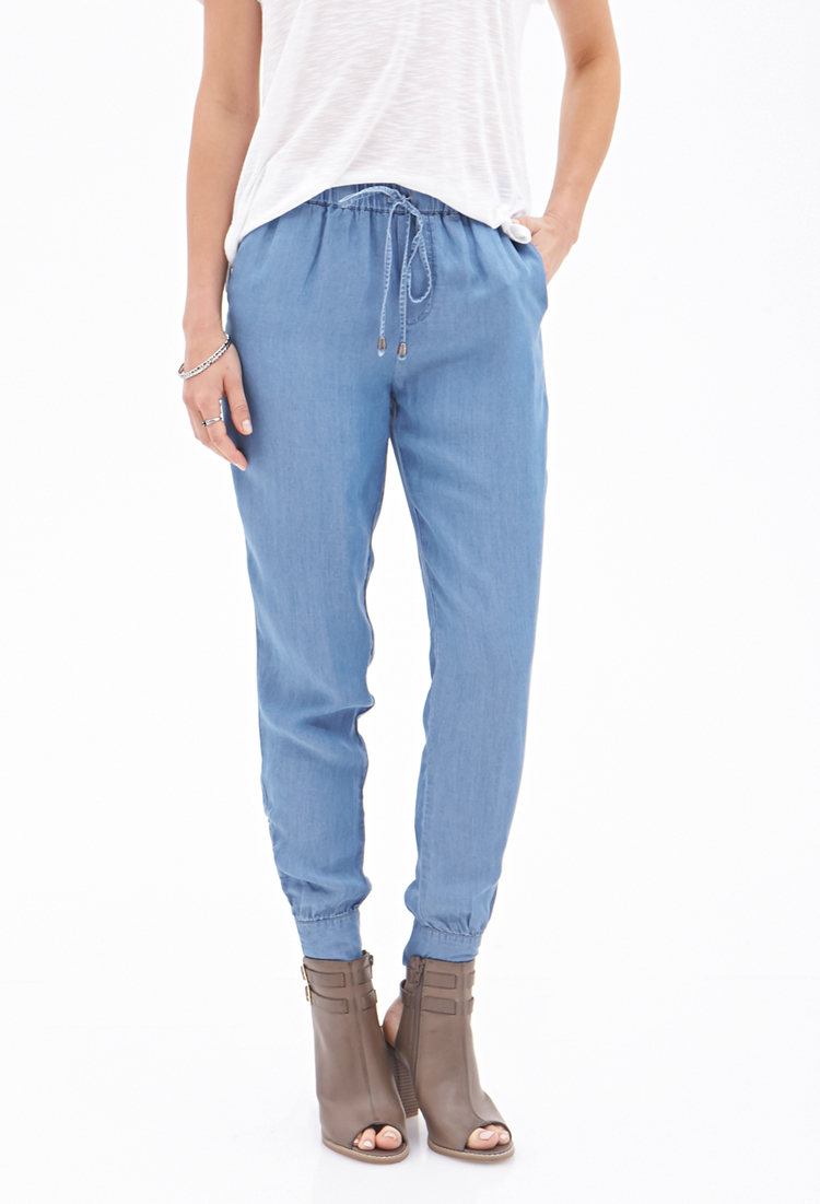 Lyst - Forever 21 Woven Chambray Joggers in Blue