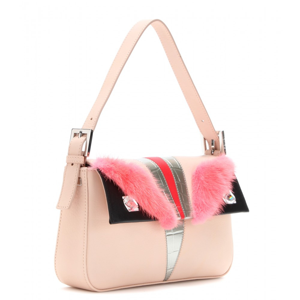 Fendi Bag Bugs Leather And Mink Fur Baguette Shoulder Bag in Metallic