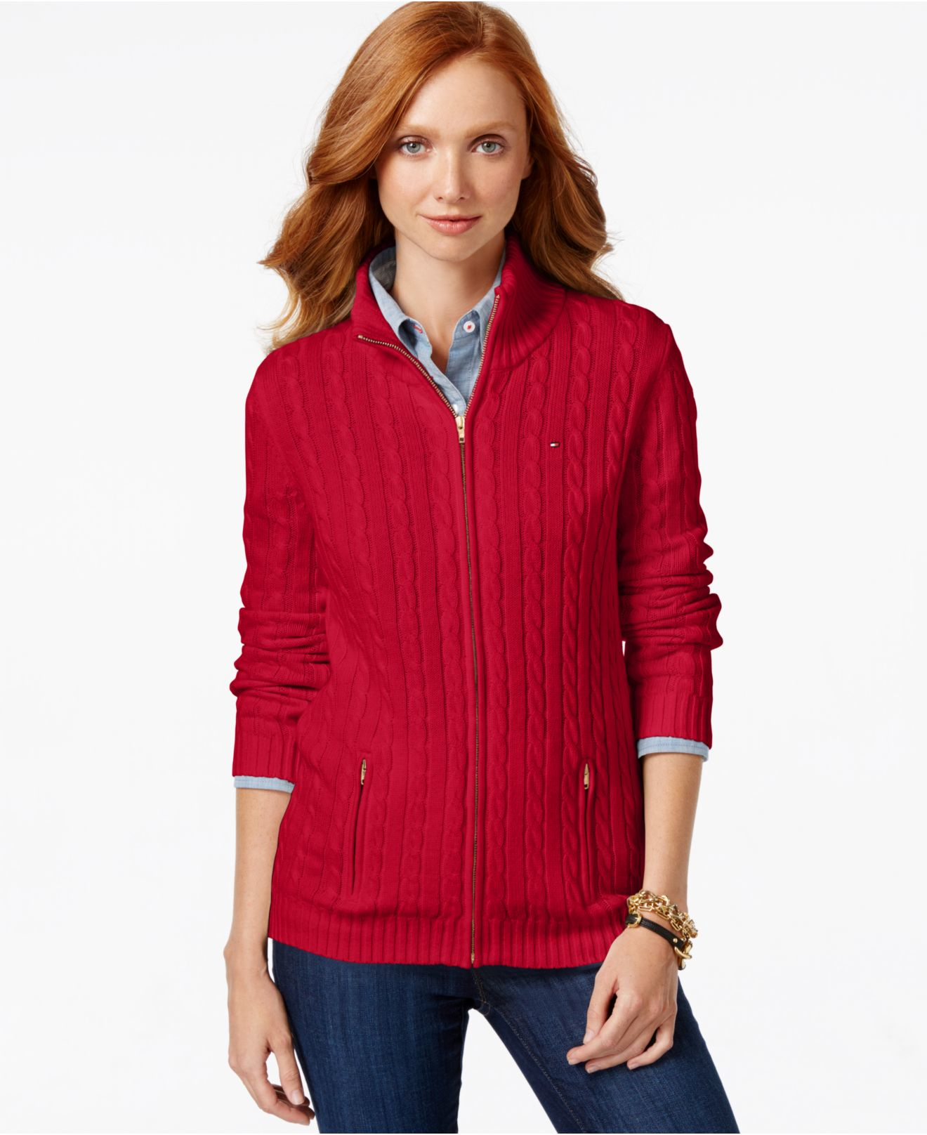 Lyst Tommy Hilfiger Cableknit Zip Front Sweater in Red