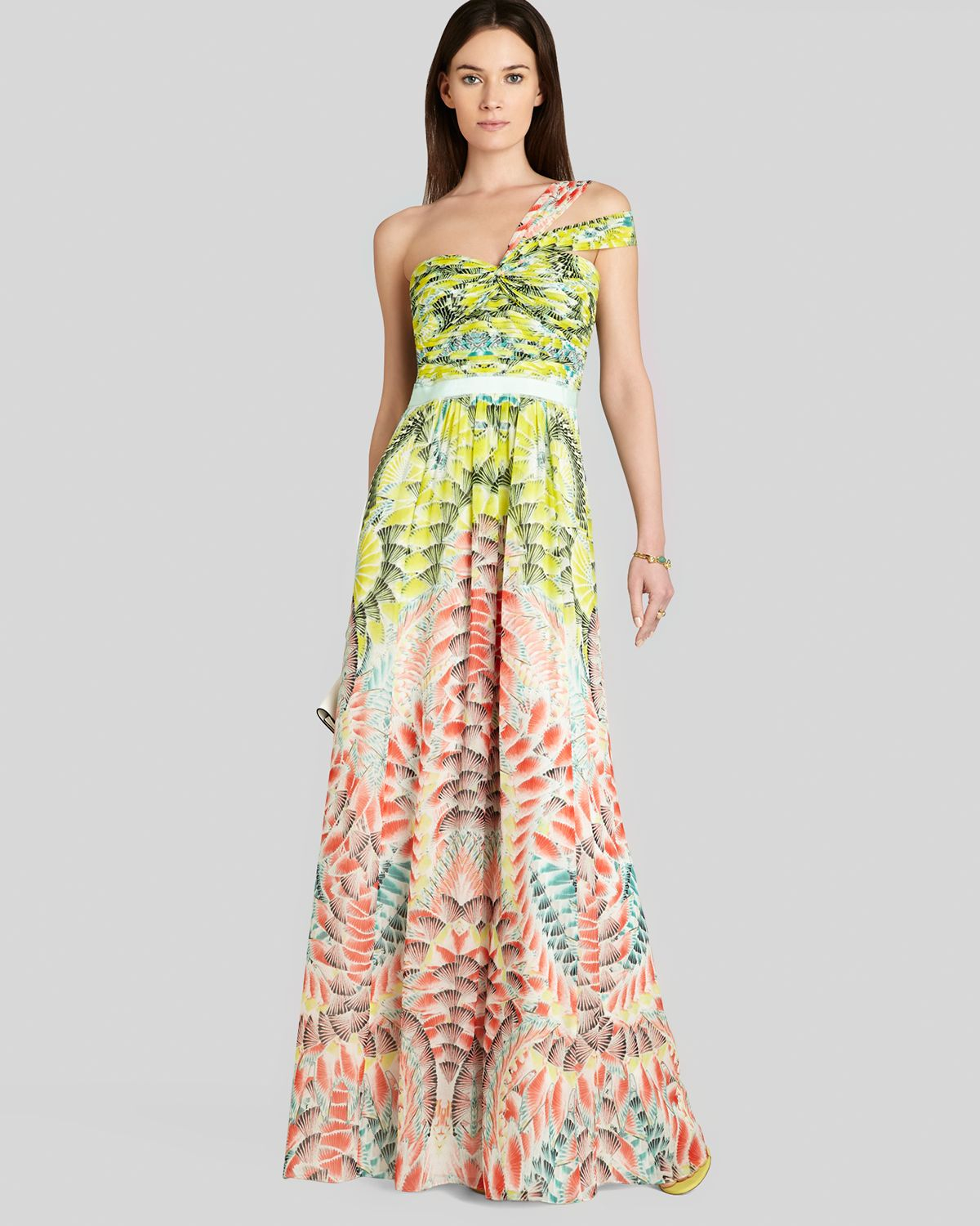 Lyst - Bcbgmaxazria Bcbg Max Azria Gown Oneshoulder Ruched Chiffon Print