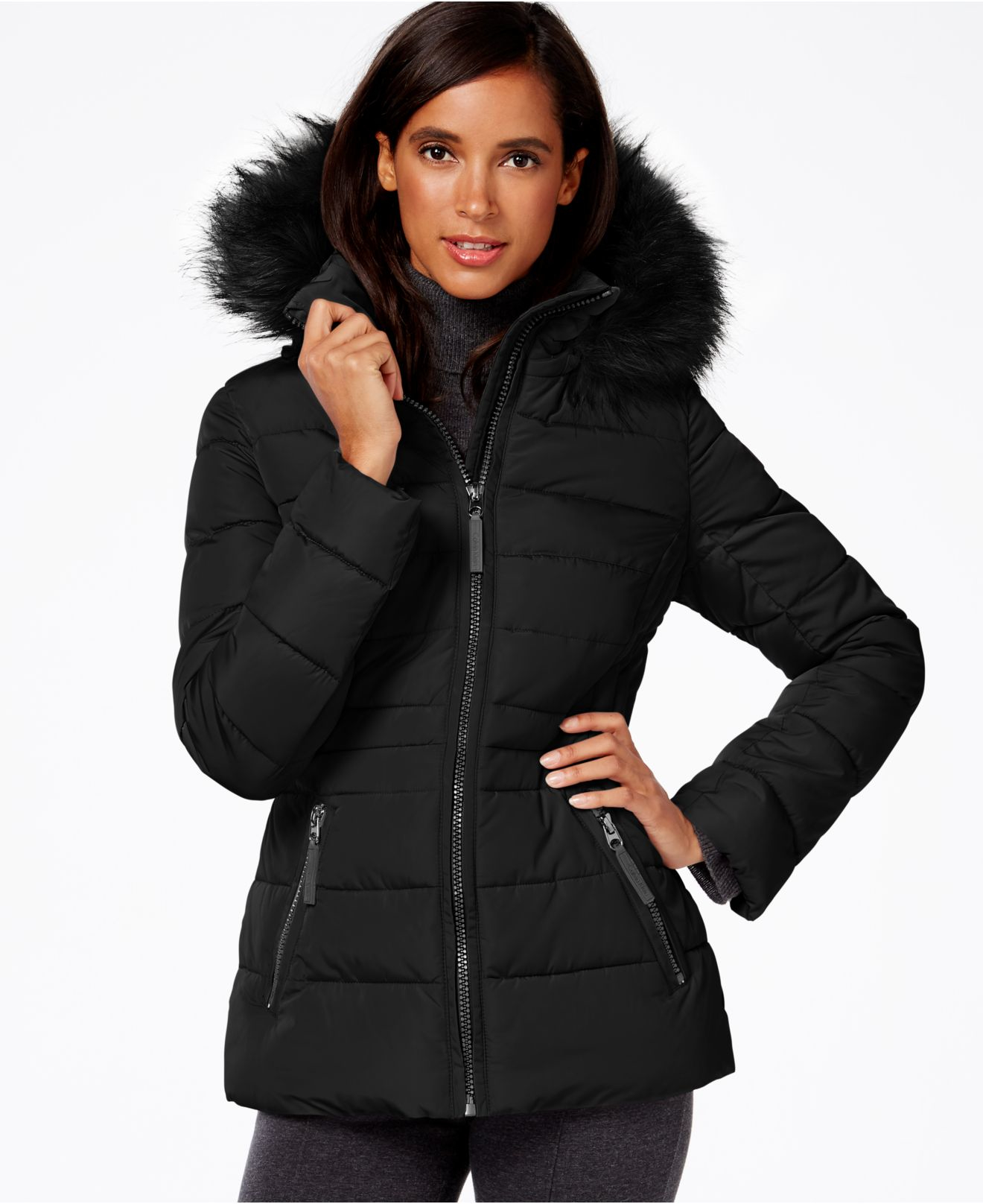 Lyst Calvin Klein Water Resistant Hooded Faux Fur Trimmed Quilted Puffer Coat In Black 