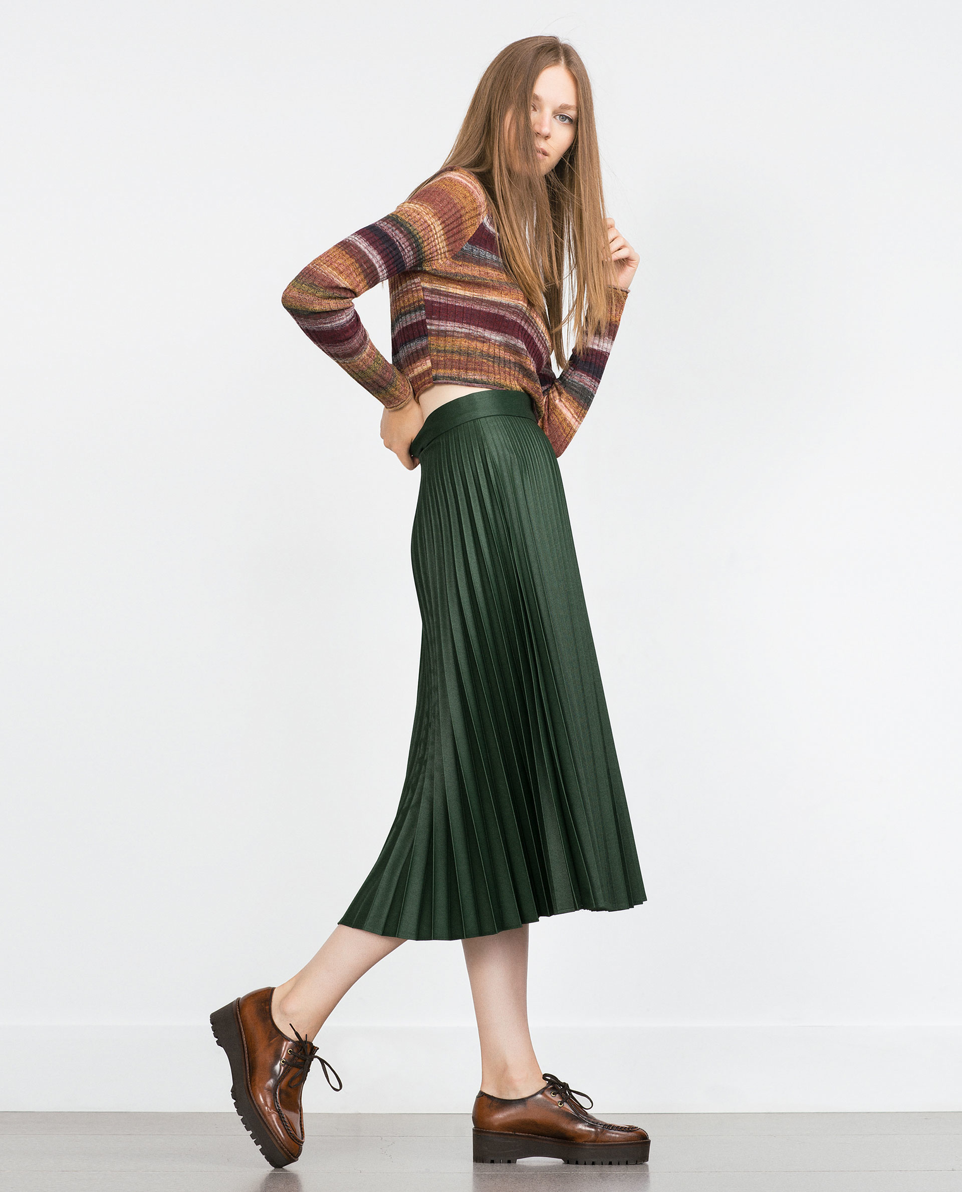 zara green pleated culottes