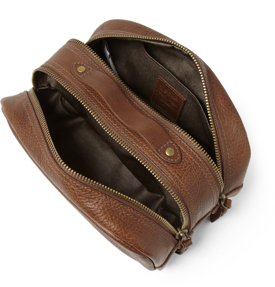 mens brown leather wash bag