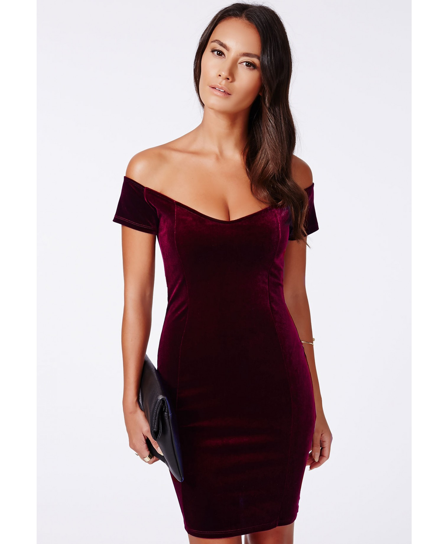 Lyst Missguided Phyllis Velvet Bardot Bodycon Dress Burgundy In Purple