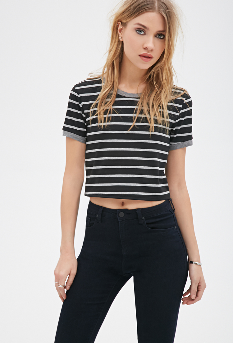 Lyst Forever 21 Striped Ringer Crop Top In Black 