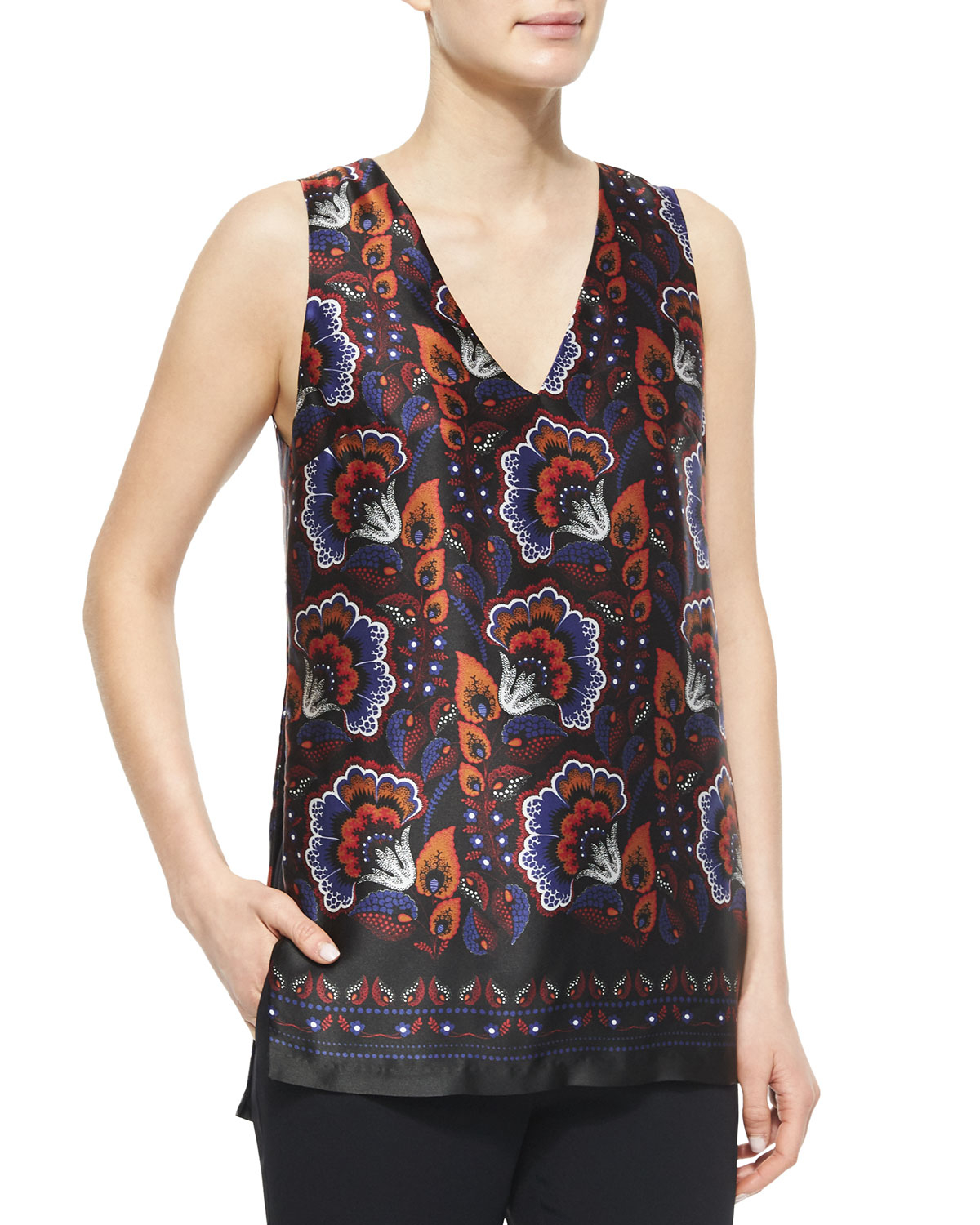Lyst Thakoon Floral Print V Neck Side Slit Blouse In Black lyst thakoon floral print v neck side slit blouse in black