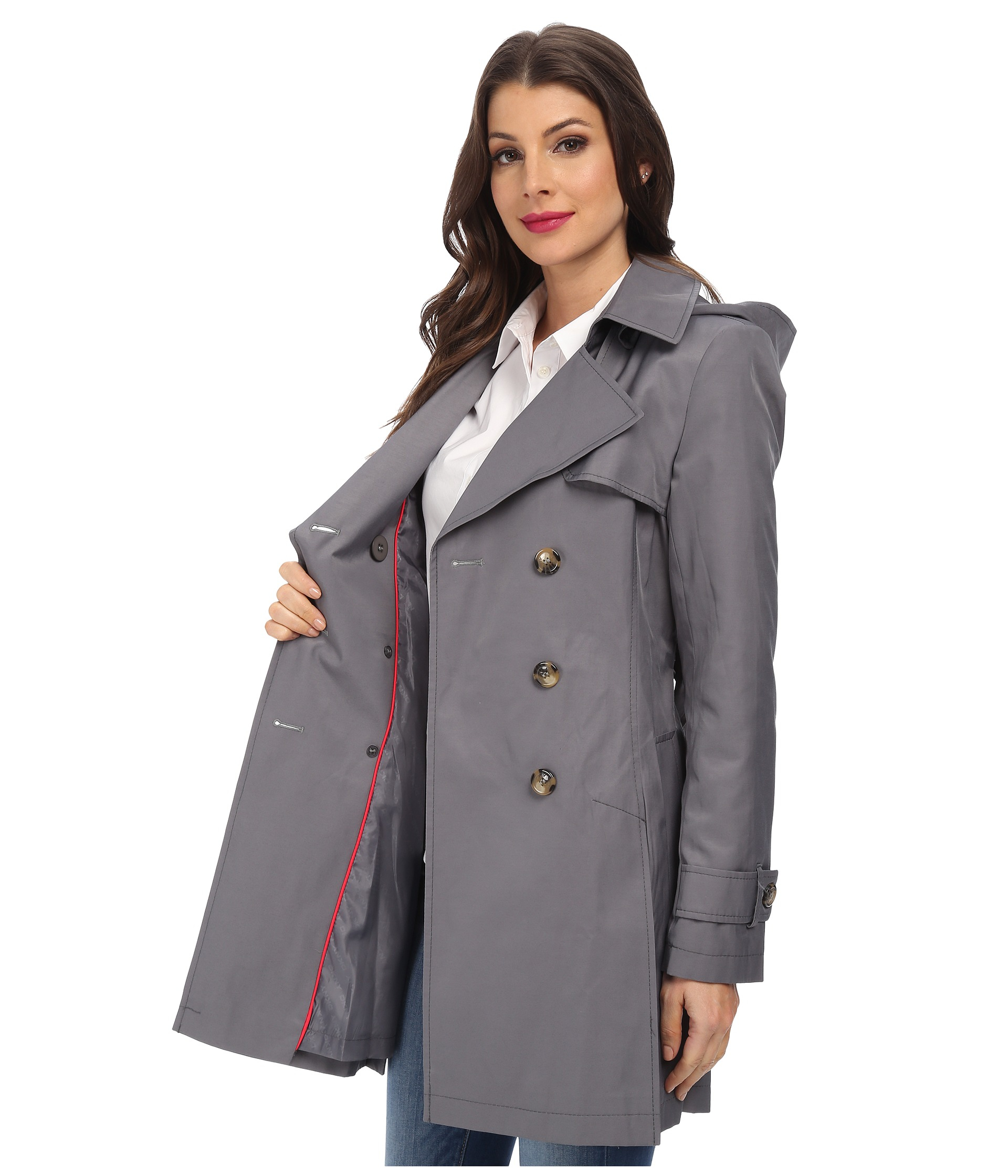 Dkny Double-breasted Short Hooded Trench Coat in Gray | Lyst