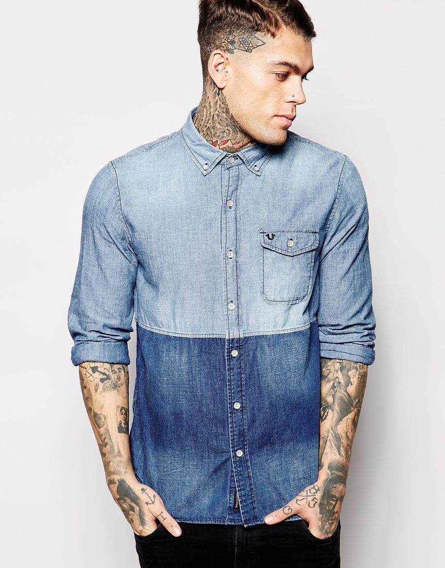 Lyst - True Religion Denim Shirt Color Block Cut And Sew in Blue for Men