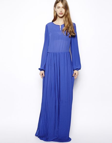 Mango Pleated Chiffon Maxi Dress in Blue