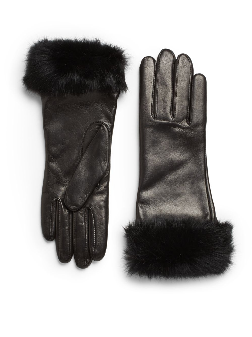 Saks Fifth Avenue Black Label Dyed Rabbit Fur Trimmed Leather Gloves in ...
