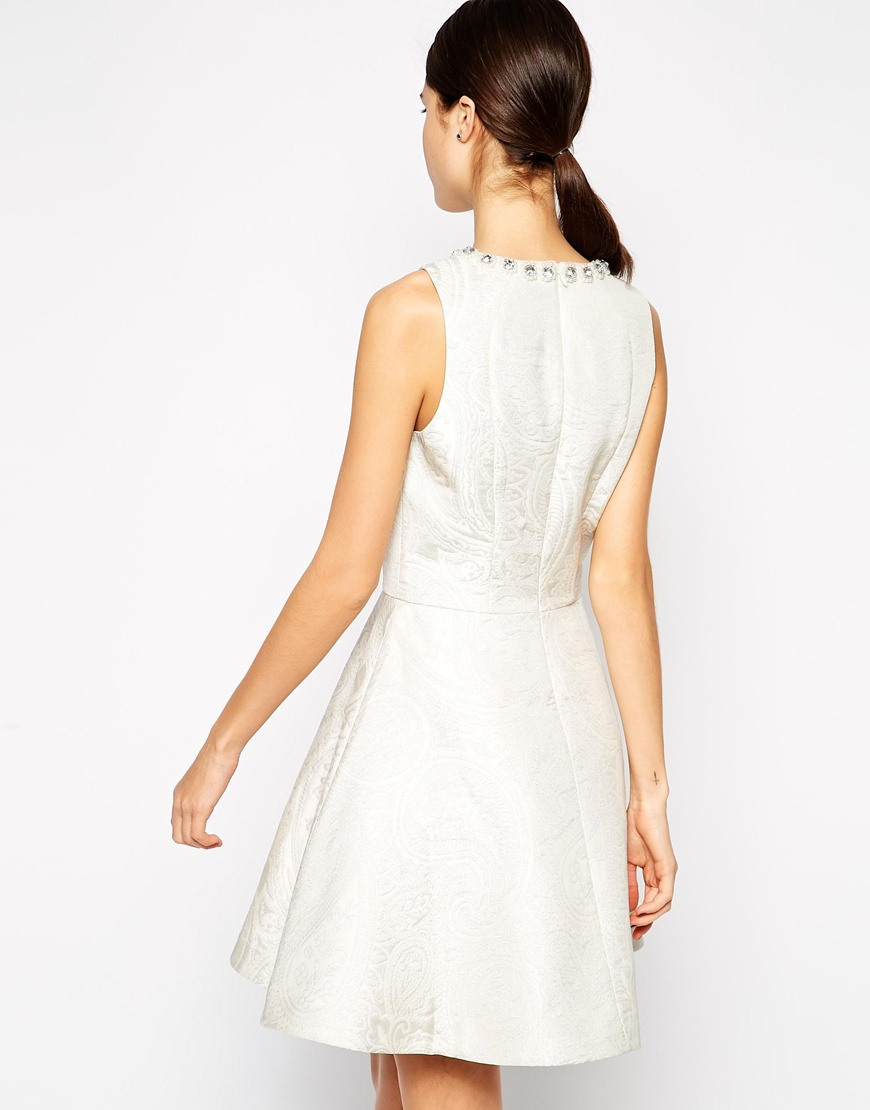 Lyst Ted Baker Jacquard Skater Dress With Embellished Neck in White