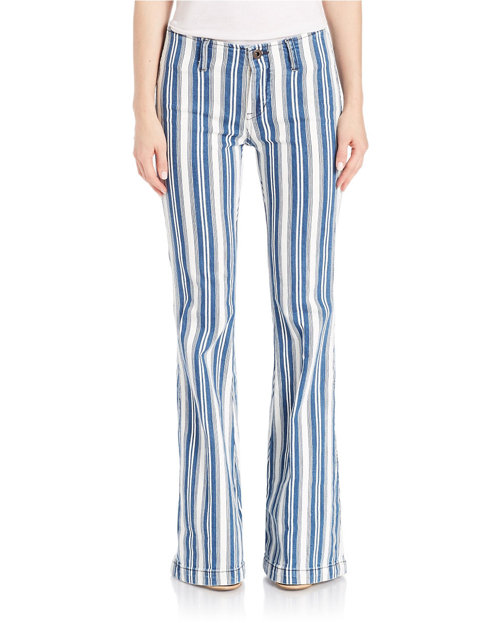 Free people Retro Striped Flare-leg Jeans- White in Blue | Lyst