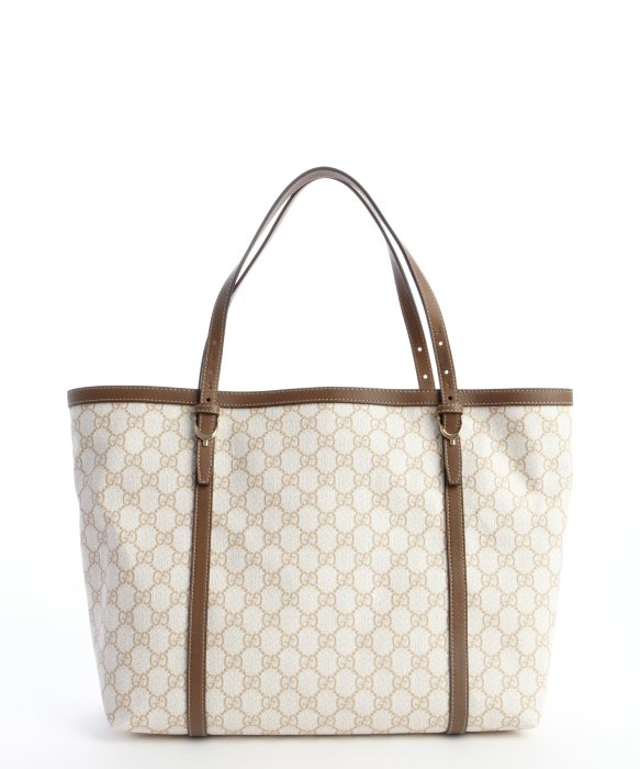 Gucci White and Beige Gg Canvas and Leather Tote Bag in White | Lyst
