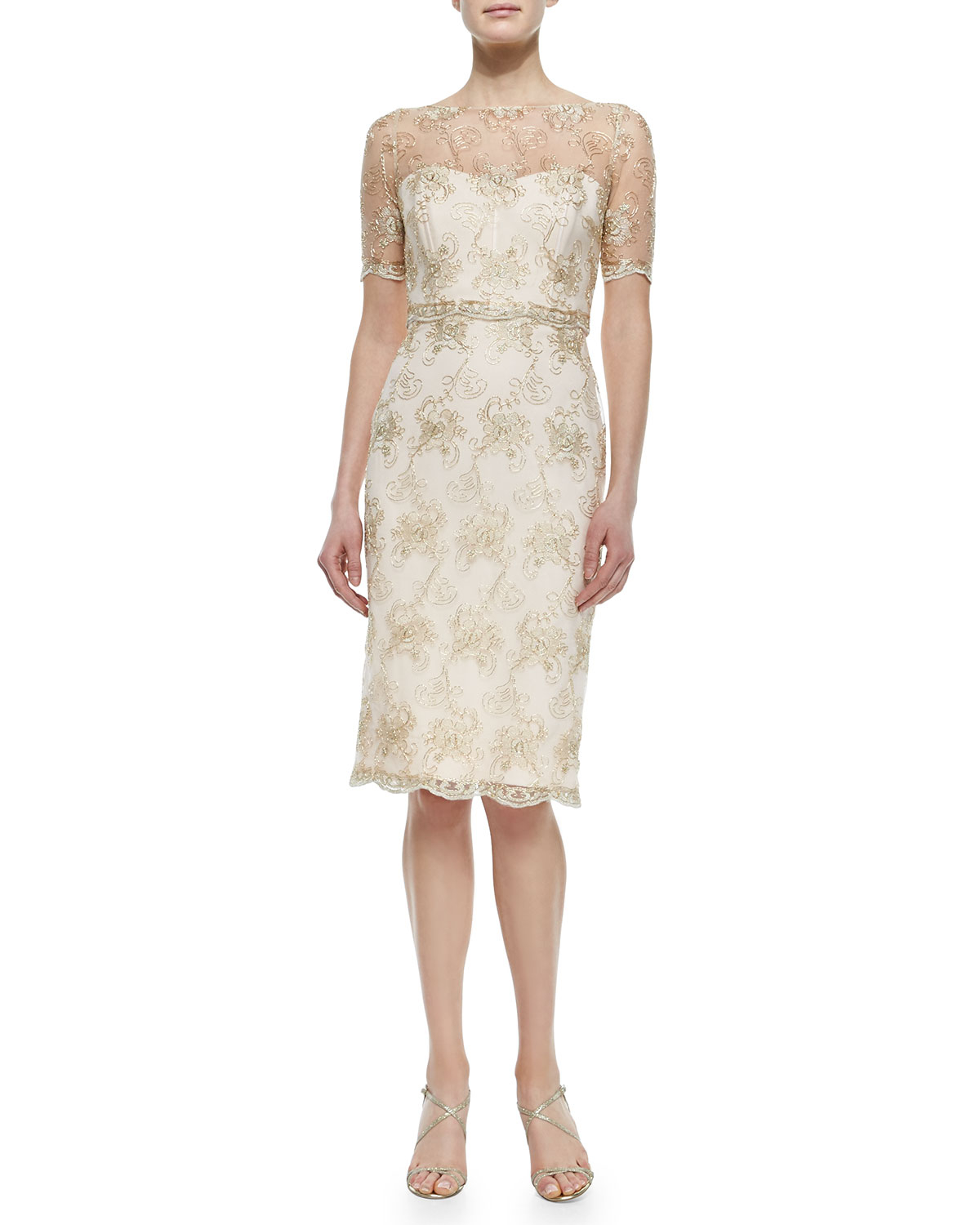 Lyst - Badgley mischka Short-sleeve Lace Illusion Cocktail Dress in Pink