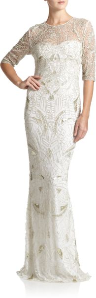 ml monique lhuillier silver metallic jacquard gown