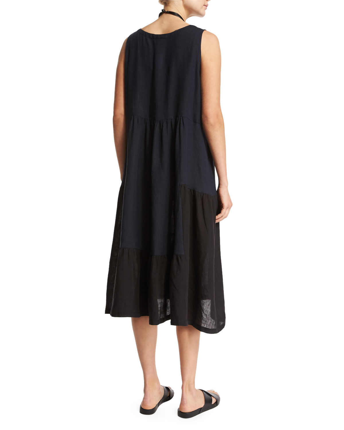 Eskandar Sleeveless Colorblock Tiered Linen Dress in Black | Lyst