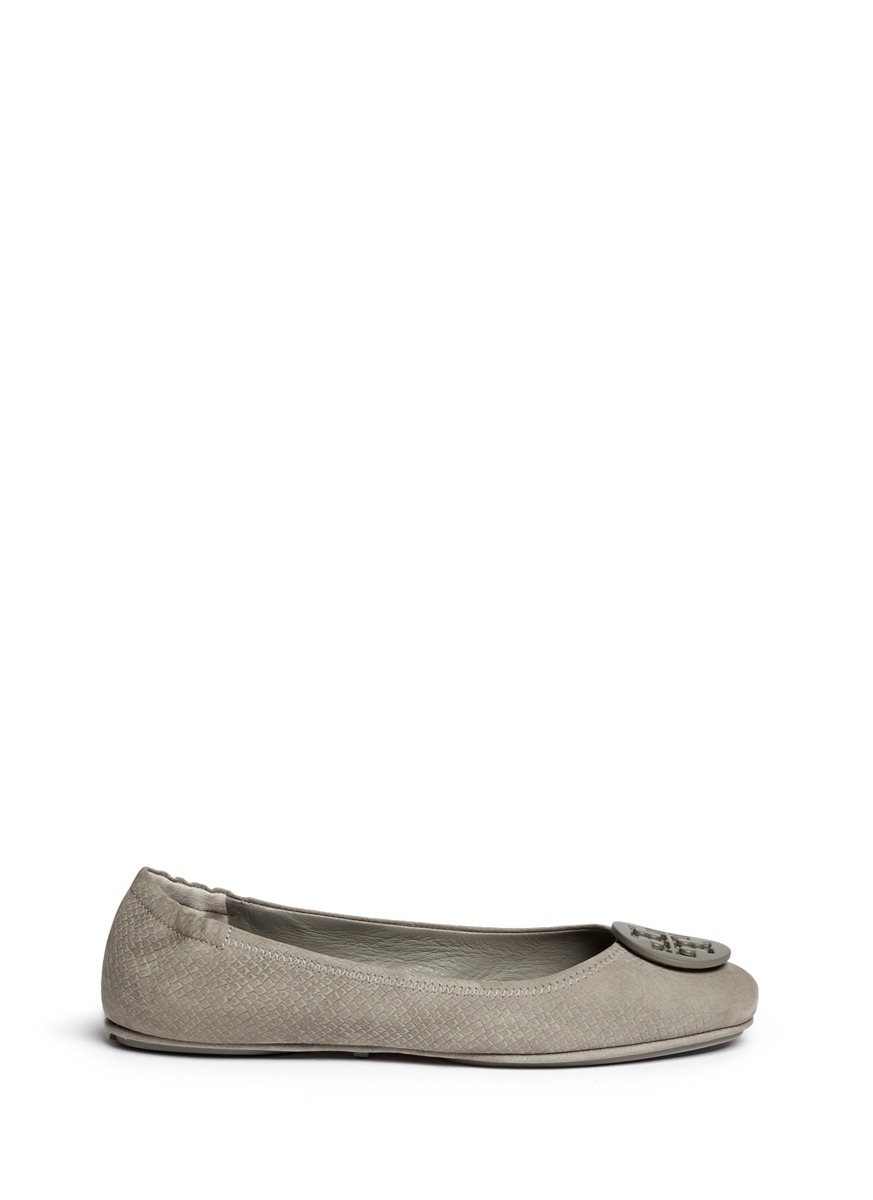 Tory burch 'minnie Travel' Snake Embossed Suede Ballet Flats in Gray | Lyst