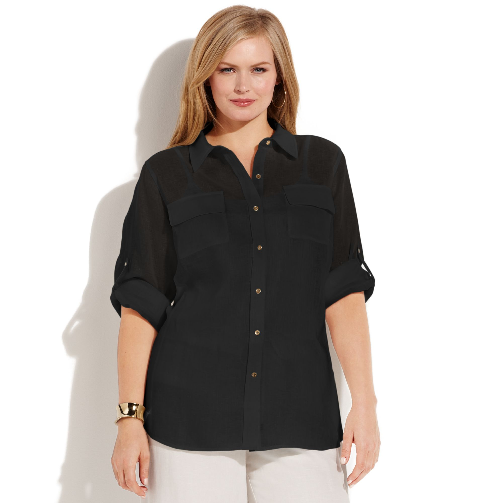 Lyst - Calvin Klein Plus Size Threequartersleeve Linen Utility Shirt in ...