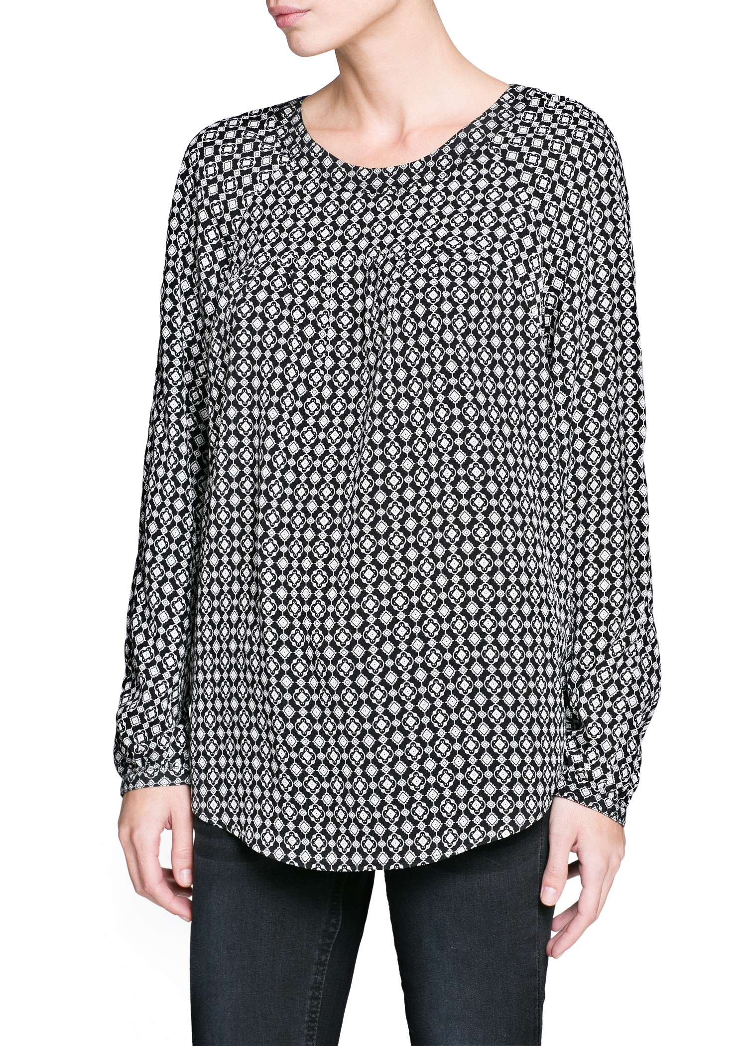 Lyst - Mango Tie Print Flowy Blouse in Black