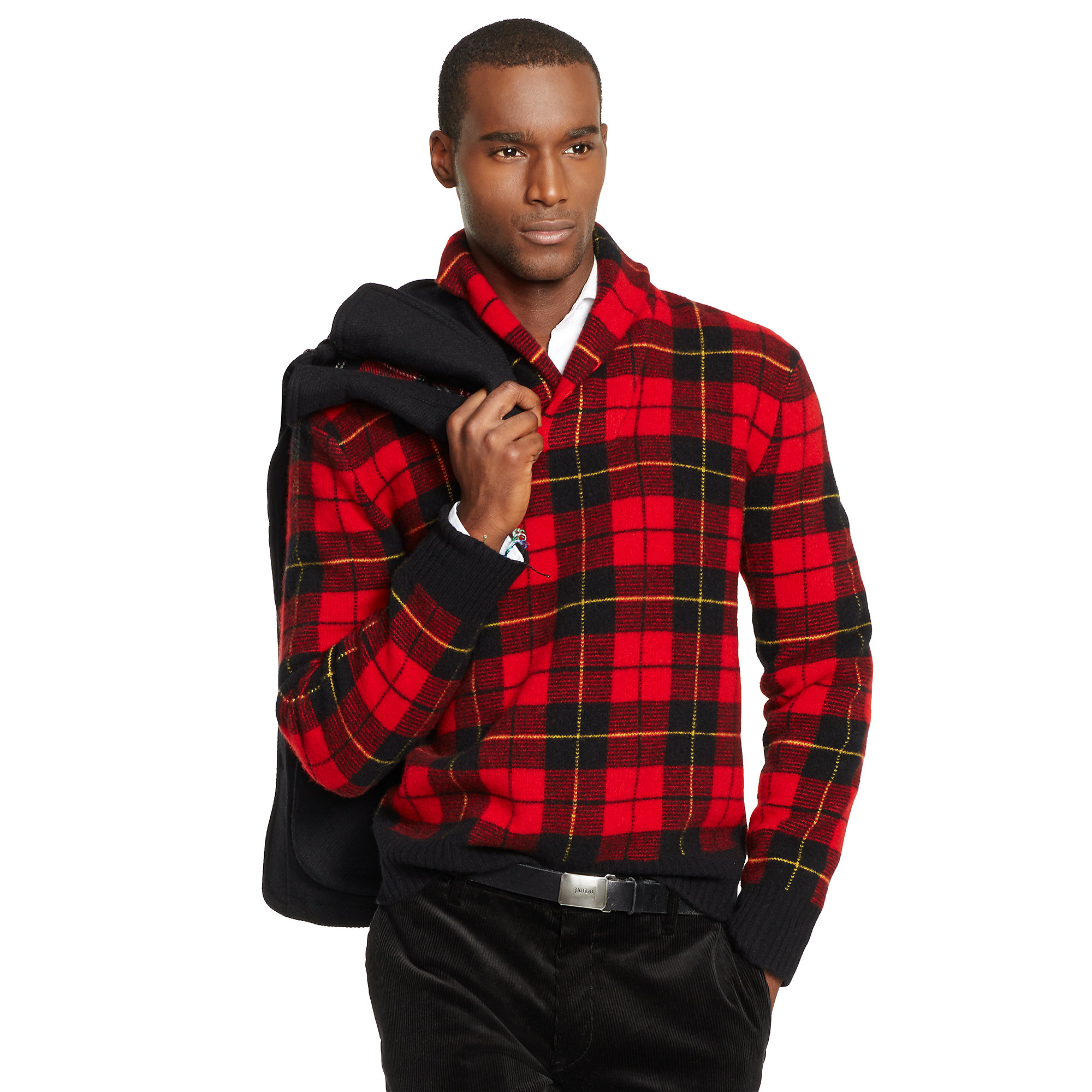 Lyst - Polo ralph lauren Plaid Shawl-Collar Sweater in Red for Men