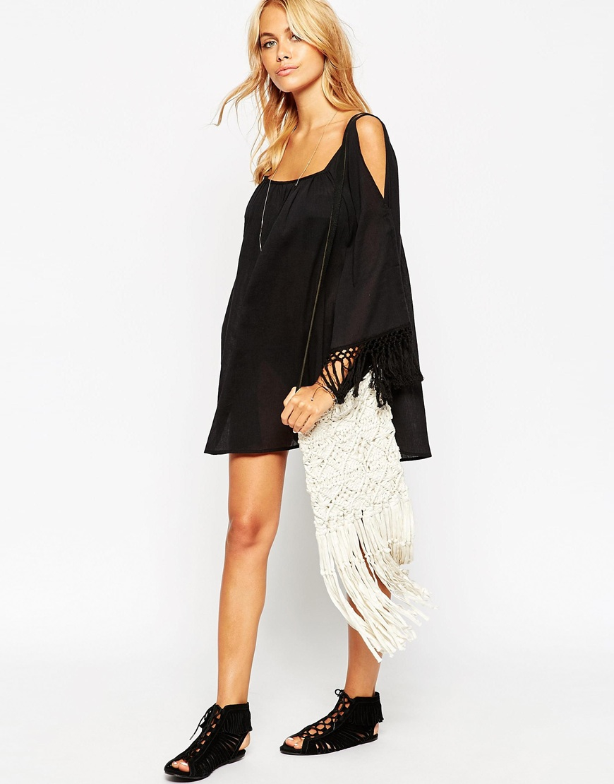 Lyst - Asos Cold Shoulder Fringed Beach Cover Up in Black