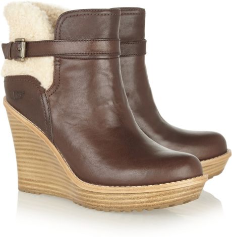 Ugg Anais Shearling and Leather Wedge Ankle Boots in Brown | Lyst