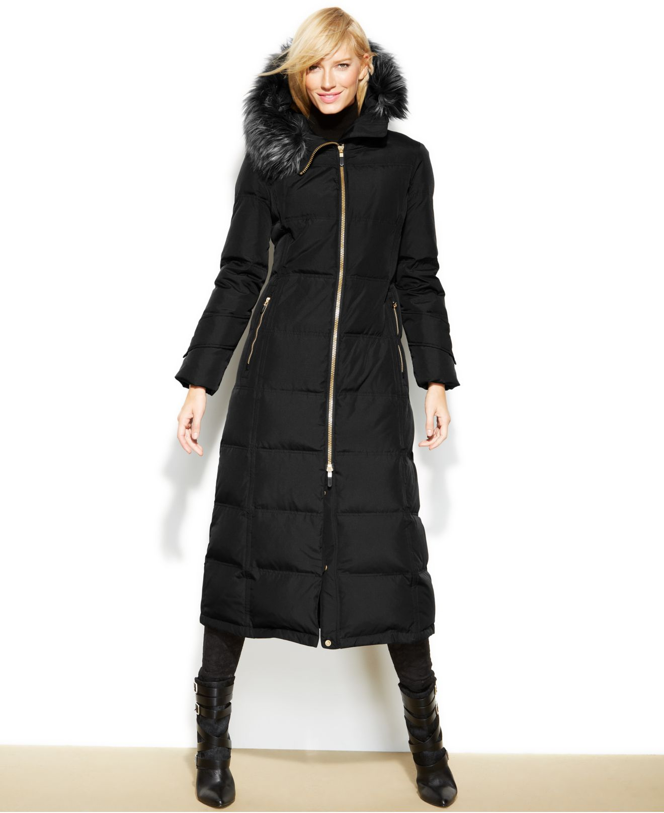 Calvin klein Petite Faux-fur-trim Down Maxi Puffer Coat in Black | Lyst