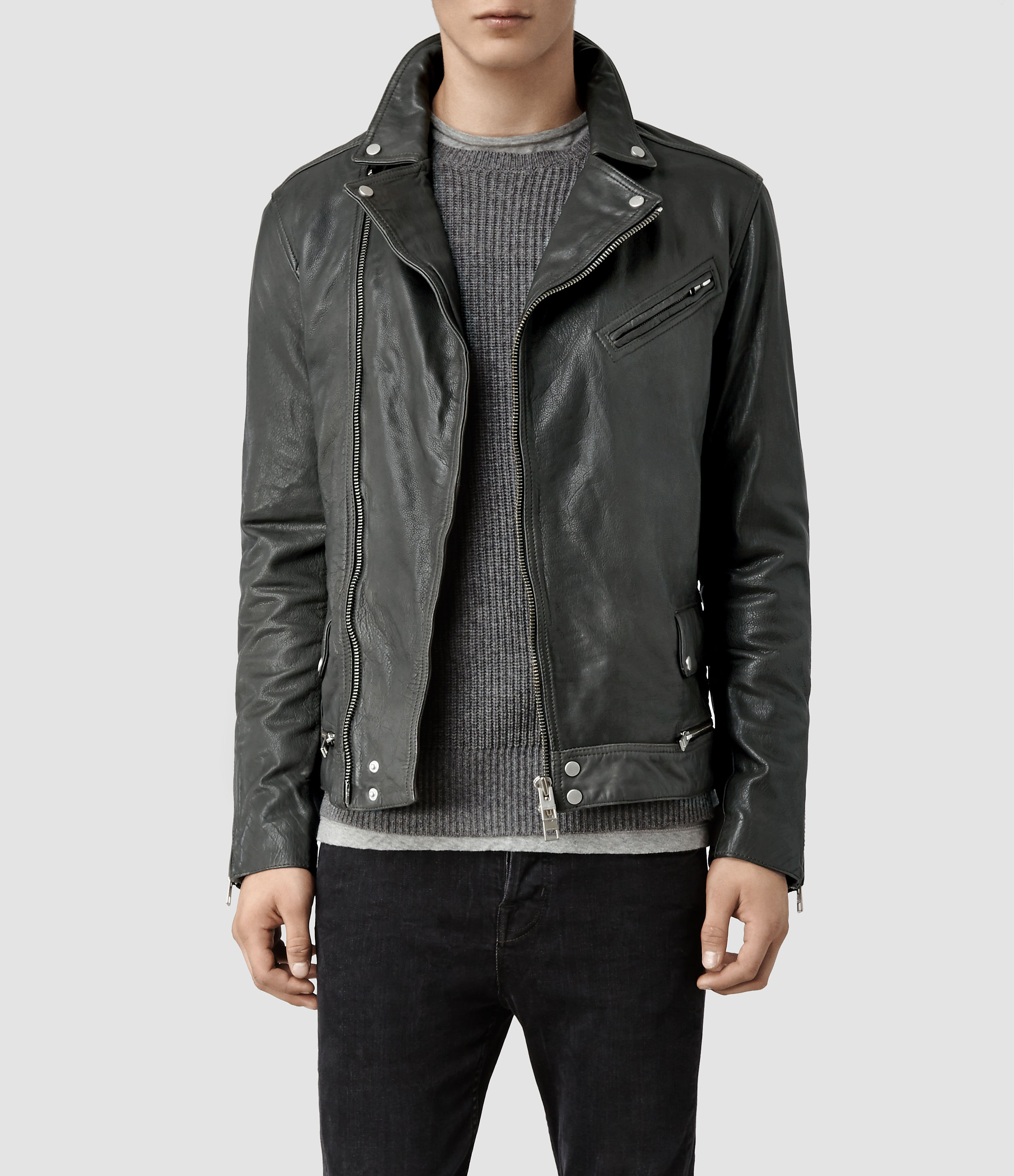 Lyst - Allsaints Akira Leather Biker Jacket in Gray for Men