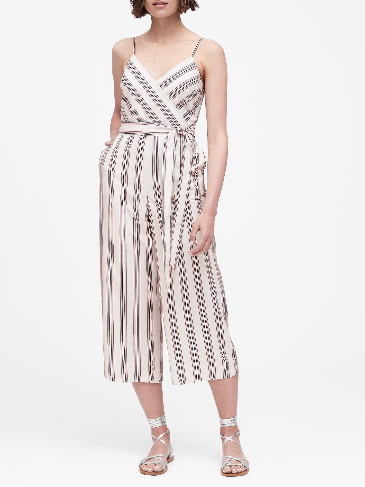 Banana Republic Linen-cotton Cropped Jumpsuit in Pink - Lyst