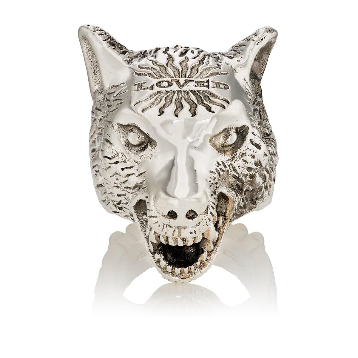 anger forest wolf head ring in silver