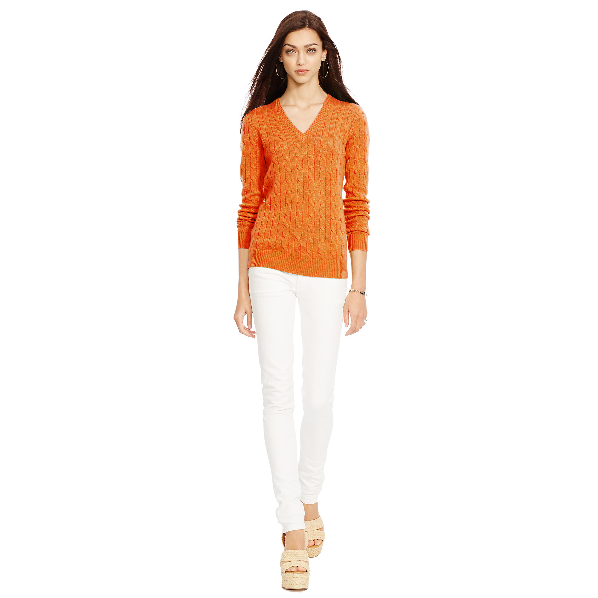 Lyst - Polo Ralph Lauren Cabled Cashmere V-Neck Sweater in Orange