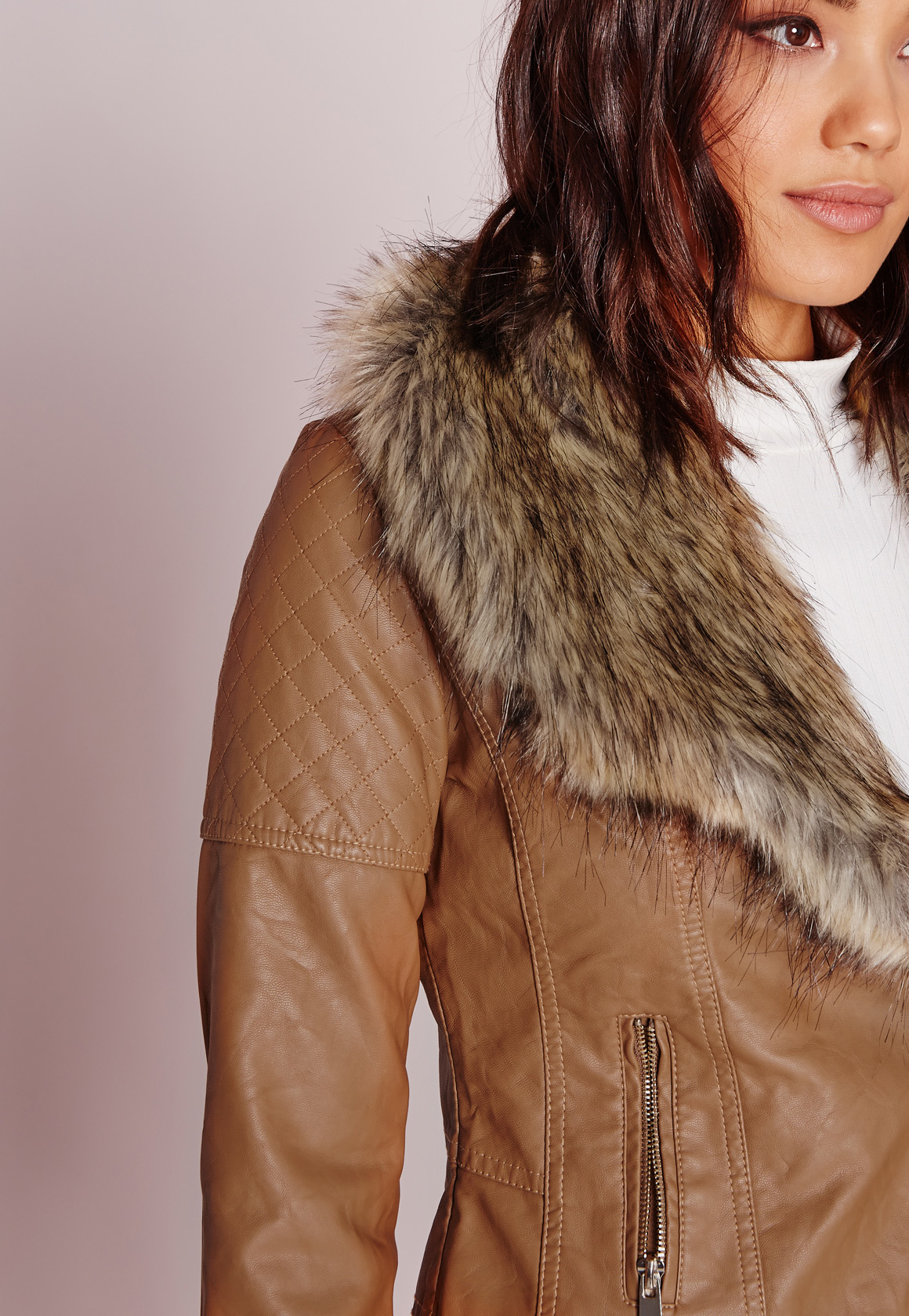 Missguided Faux Leather Biker Jacket With Fur Collar Tan In Missguided Faux Leather Biker Jacket With Fur Collar Tan In Brown Lyst